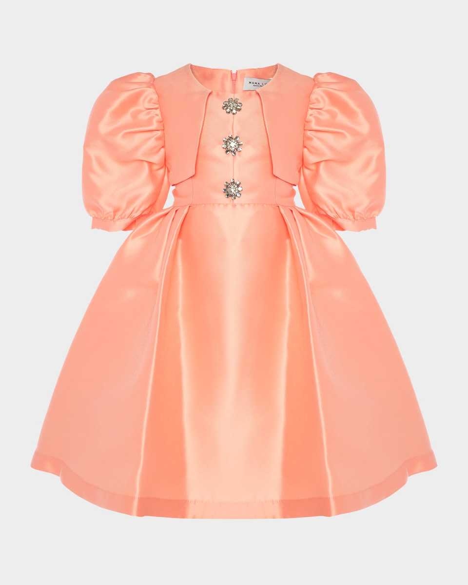 Girl's Brooch Balloon-Sleeve Dress, Size 3T-12